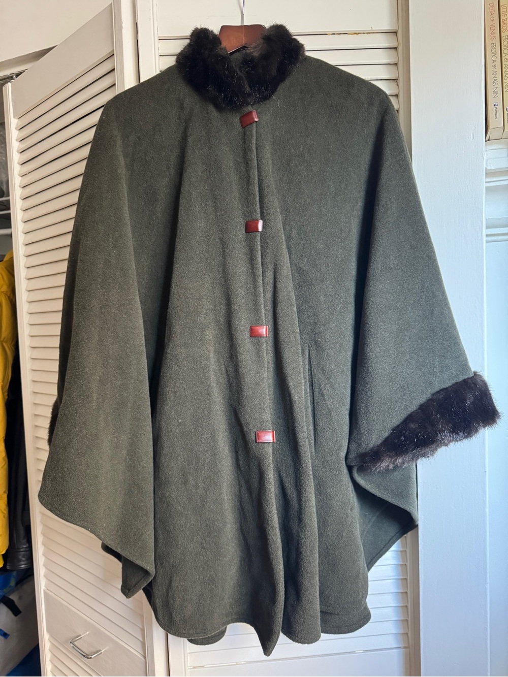Womens Olive Green Wool Cape with Faux Fur Trim